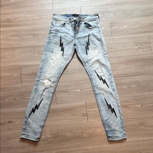 Men's Light Blue Skinny Jeans with Black Lightning Design